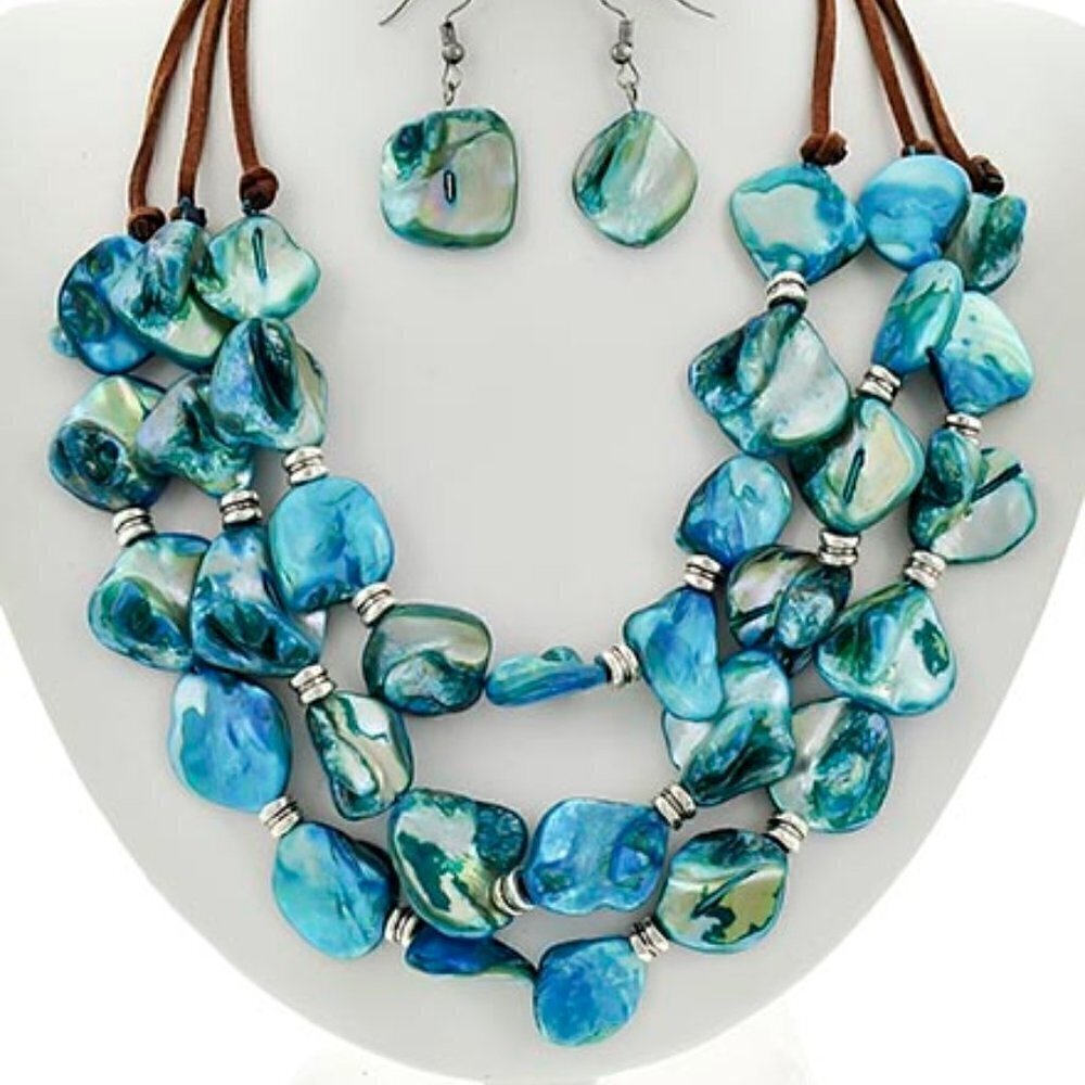 Mother of Pearl Shell Aqua Blue Brown Leather Layered Necklace Earrings Set
